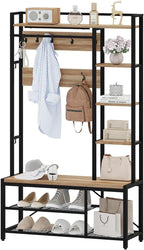BON AUGURE Farmhouse Hall Tree for Entryway, Mudroom Bench with Shoe Storage, Large Coat Rack Shoe Bench with 5 Tier Open Shelves, Adjustable Side Hooks and Hanging Rod for Foyer (Vintage Oak)