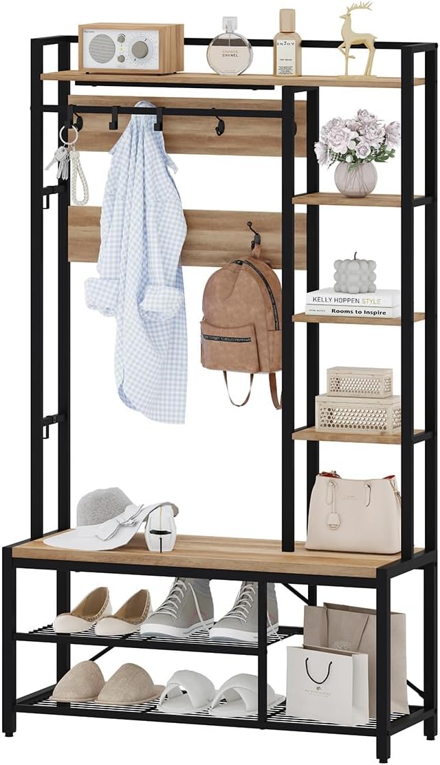BON AUGURE Farmhouse Hall Tree for Entryway, Mudroom Bench with Shoe Storage, Large Coat Rack Shoe Bench with 5 Tier Open Shelves, Adjustable Side Hooks and Hanging Rod for Foyer (Vintage Oak)