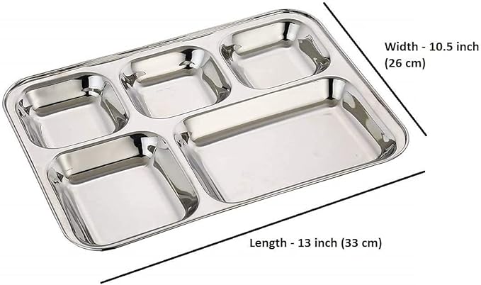 Extra Large Premium Stainless Steel Dinner Plates, 5 Compartments, Set of 2 | Eco Friendly Dinnerwear for Camping, Portion Control, Meal Prep, Lunch, and Party