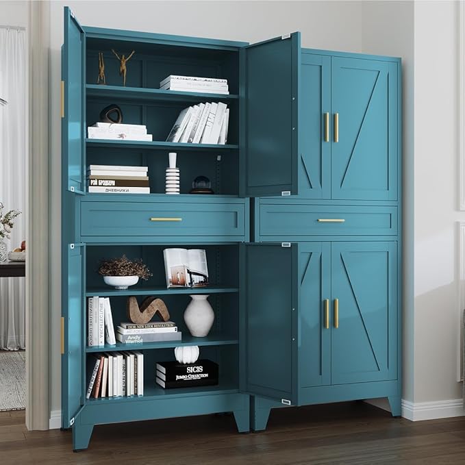 71 "Farmhouse Metal Filing Cabinet with a Drawer and 4 Adjustable Shelves, with 4 Large barn Door White Kitchen Cabinets, Metal Food Cabinets for Home, Kitchen, Dining/Living Room (Peacock Blue)