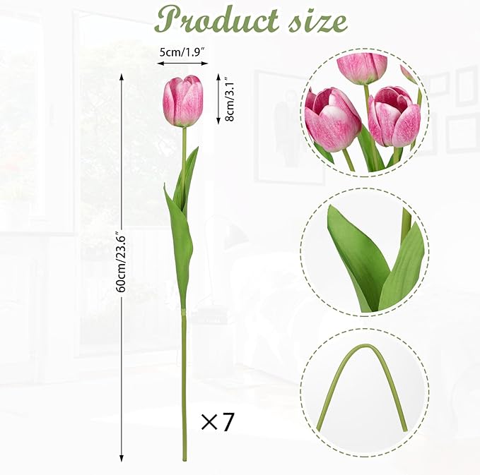 Artificial Tulips Flowers – 24" Long Stem Faux Tulips, 7PCS Real Touch Fake Pink Tulip for Vase, Farmhouse, Kitchen, Spring & Wedding Home Decor