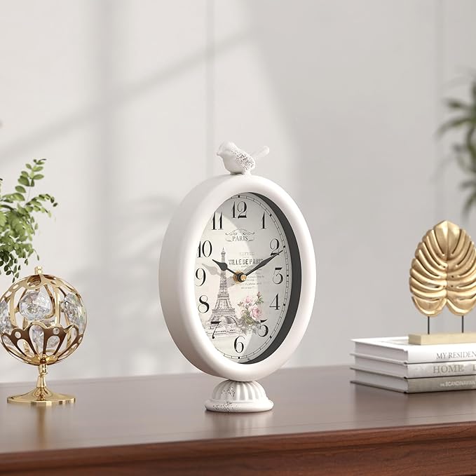Vintage Table Clock with Bird, Desk and Shelf Decor Clock, French Paris Style, Antique White Metal Mantel Clocks for Living Room, Farmhouse, Bedroom, Bedside, Gift (10" H x 5.9" W)