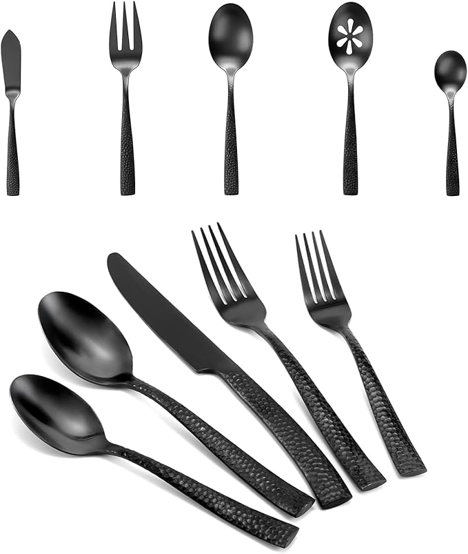 Silverware 45-Piece Matte Black Hammered Flatware Set with Serving Utensils, Stainless Steel Thick Handle Matte Polished Cutlery Set for Wedding Hotel Restaurant, Service for 8