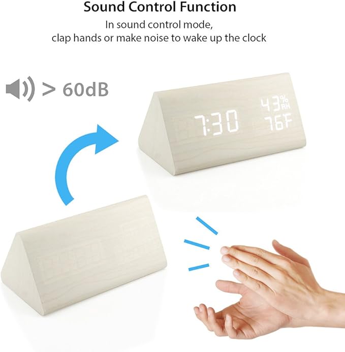 OCT17 Wooden Alarm Clock, Wood Alarm Clock Smart LED Digital Clock for Bedroom/desks, Upgraded with Time Temperature, Adjustable Brightness and Voice Control, Humidity Displaying - White