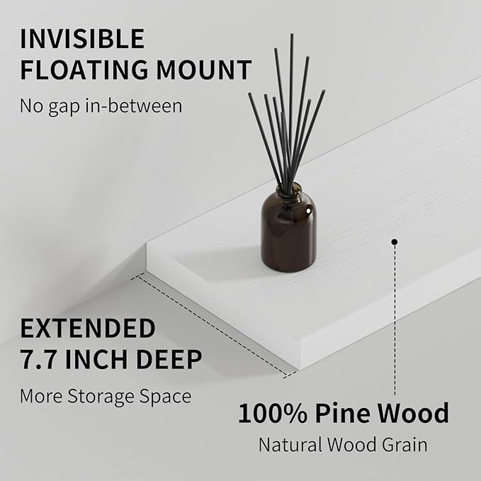 SAUMONIERES Floating Shelves 8 Inch Deep Solid Wood Wide Wall Shelf Set of 1 Wall Mounted for Bedroom Bathroom Living Room Kitchen, 55 Inch White