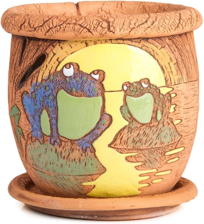 Ceramic Pot with Drainage Hole and Saucer, Plant Pots, Modern Decorative Planters for House Plants Indoor Flowers Plants, Cute Flower Pot - Gifts (Frogs (1.6 L))