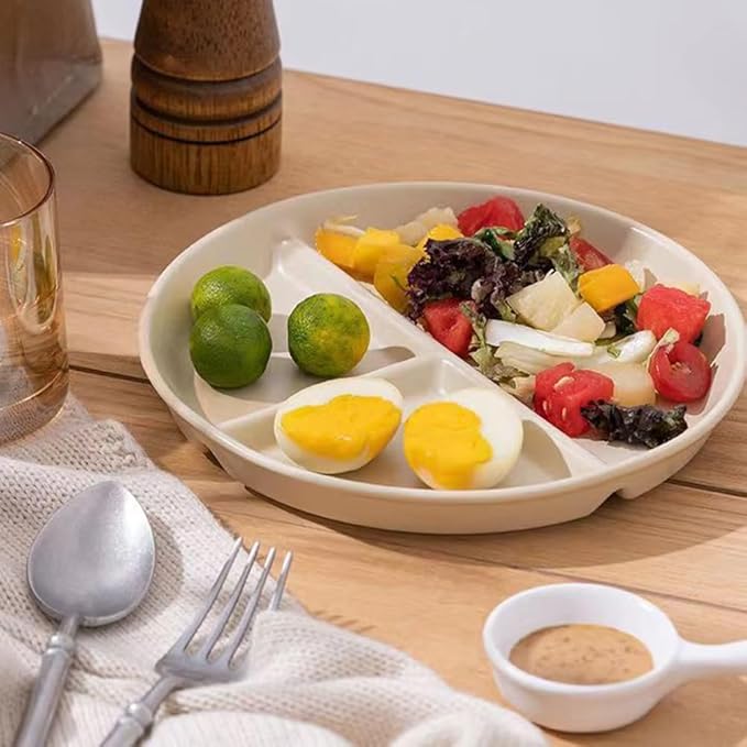 9" Unbreakable Divided Plates Set of 5, Wheat Straw Plate Reusable Dinnerware Portion Control Plate, Round Bariatric Plastic Plate for Kids Adults, BPA-free, Dishwasher Safe