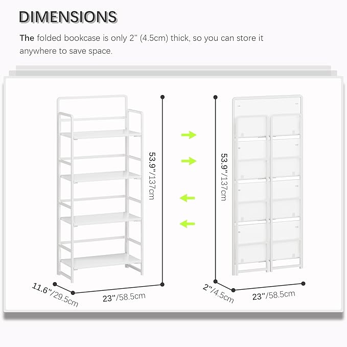 4NM No Assembly Foldable Bookshelf, 4-Shelf Collapsible Bookcase Storage for Small Spaces, 54" H, All White