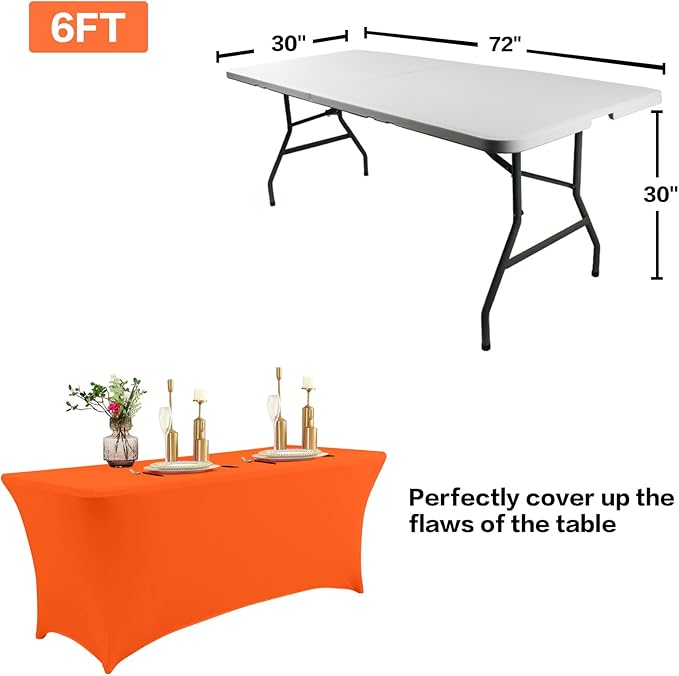 IVAPUPU 2 Pack 8FT Table Cloth for Rectangular Fitted Events Stretch Orange Table Covers Washable Cover Spandex Tablecloth Protector for Party, Wedding, Cocktail, Banquet, Festival