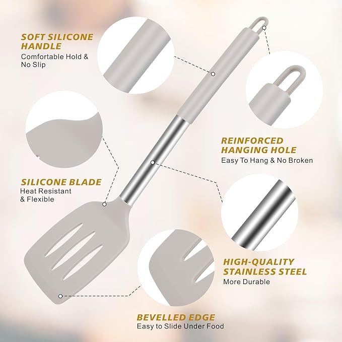 5-Piece Silicone Kitchen Tool Set, BPA-Free, Heat-Resistant, Non-Stick & Dishwasher-Safe, with Slotted/Solid Spoons & Spatulas for Frying, Mixing, Draining – Includes Multi-Purpose Serving Hook(Khaki)