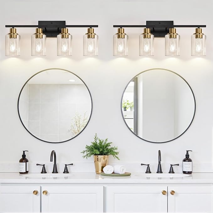 4-Light Bathroom Light Fixtures, Black and Gold Modern Vanity Lights with Clear Glass Shades, Bathroom Wall Lamp for Mirror Living Room Cabinet Bedroom Porch