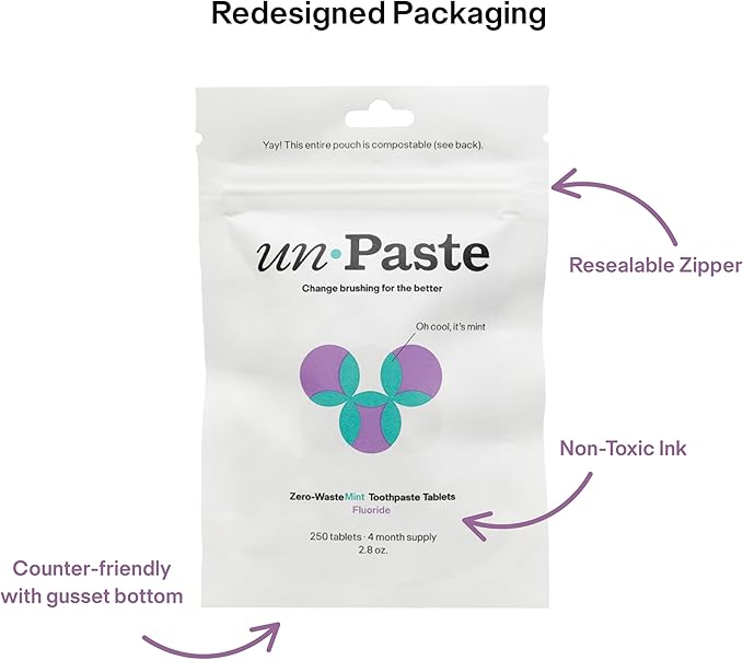 New Formula, Unpaste Toothpaste Tablets, Fluoride Mint, Xylitol Free, Vegan, Plastic Free, Travel-Friendly, Resealable Packet, 250ct, 4 Month Supply