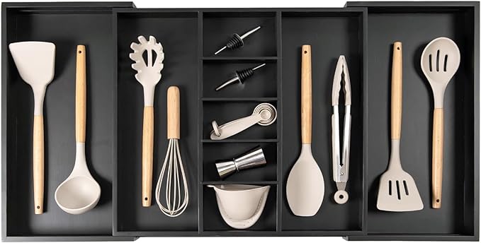 Adjustable Kitchen Drawer Organizer for Utensils and Junk, Food-Safe Contract Grade with 100% Sustainable Wood, Expandable from 19 to 33 Inches Wide - Black Bamboo