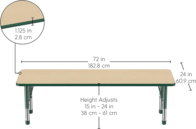 Factory Direct Partners FDP Rectangle Activity School and Classroom Kids Table (24 x 72 inch), Chunky Toddler Legs, Adjustable Table Height 15-24 inches - Maple Top and Green Edge