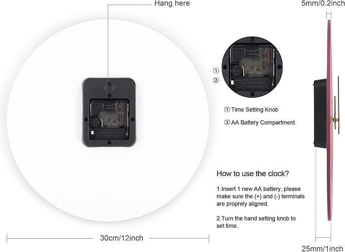 Lafocuse 12 Inch Silent Pink Wall Clock Battery Operated for Living Room Decor, Simple Minimalist Wooden Kids Pink Clock for Girls Bedroom Office