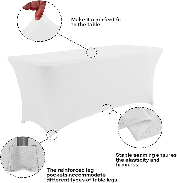 IVAPUPU 4FT Spring Table Cloth for Rectangular Fitted Events Stretch White Table Covers Washable Cover Spandex Tablecloth Protector for Party, Wedding, Cocktail, Banquet, Festival