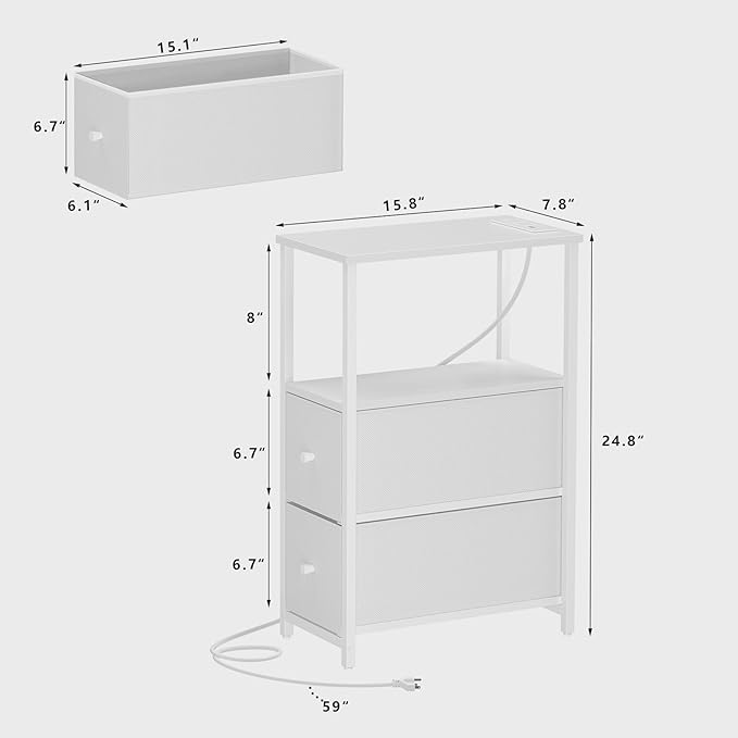 TUTOTAK Small Narrow LED End Table with Charging Station, Side Table Outlets, Nightstand with 2 Cloth Drawers, Couch Table, for Living Room, Bedroom, Bedside, White TB01BW085L