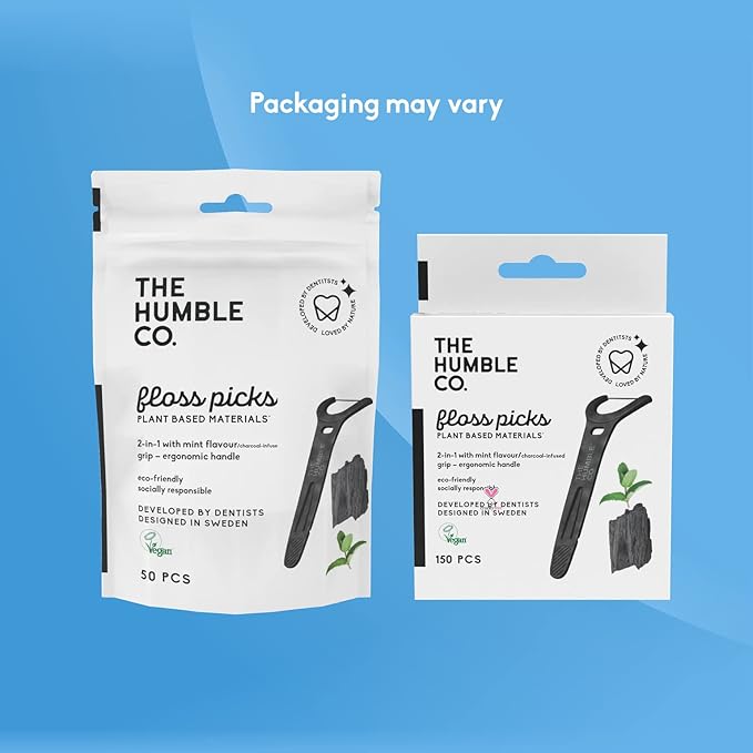 The Humble Co. Floss Picks (200 Count) – Plant Based Dental Floss Picks with Grip Handle for Superior Oral Care, Dental Hygiene, and Gum Health, Cruelty Free Tooth Floss Picks (Charcoal)