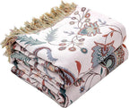 Boho Throw Blanket for Bed,100% Ultra Cotton Soft Breathable Bed Throw Floral Printed Farmhouse Decor Rustic Bed Throws for Couch Sofa Quilt White Flowers 60" x 80"