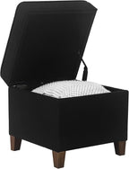 Adeco 17.5" Square Fabric Ottoman with Storage - Upholstered Cotton Linen Foot Rest - Flip Top Footstool with Sturdy Wood Legs, Small Cube Coffee Table Extra Seat for Living Room, Bedroom, Black