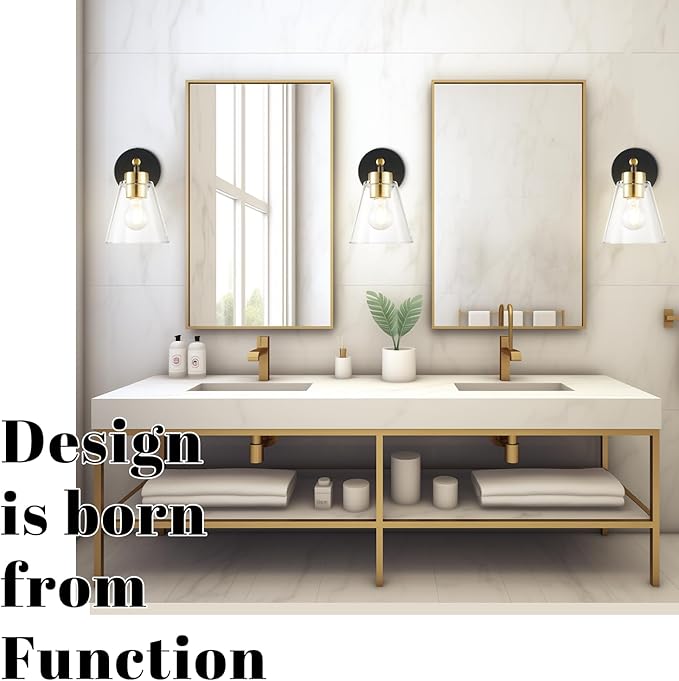 Hamilyeah Black and Gold Wall Sconces Set of 2, Bathroom Sconces Wall Lighting Fixture Indoor with Glass Shade, Mordern Black Wall Sconce Lighting for Kitchen, Hallway, Living Room