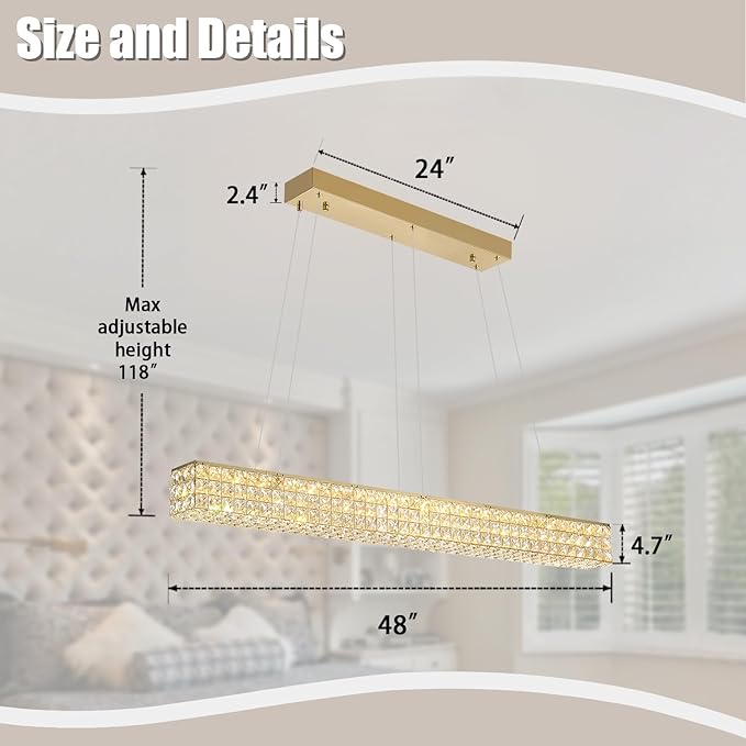 W48 Rectangular Gold Crystal Chandelier Modern Rectangle Pendant Ceiling Light Fixture for Living Room Dining Room Kitchen Island Bar