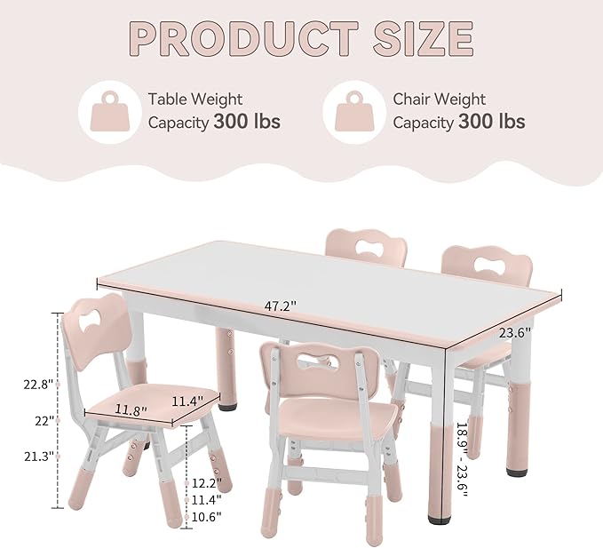 Kids Study Table and Chairs Set, Height Adjustable Toddler Table and Chair Set for Kids Ages 3-8, Graffiti Desktop Plastic Children Art Table with 4 Seats, Lovely Pink