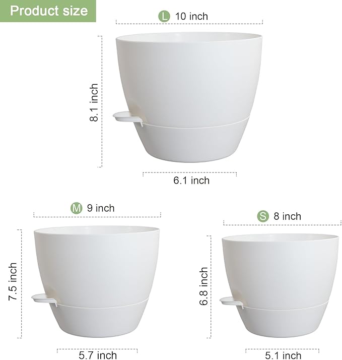 10/9/8 inch Medium Self Watering Pots, Plant Pots with Mesh Drainage Holes for Indoor Outdoor Garden Plants, Flower Pots with Removable Reservoir, Set of 3 Plastic Planters, White