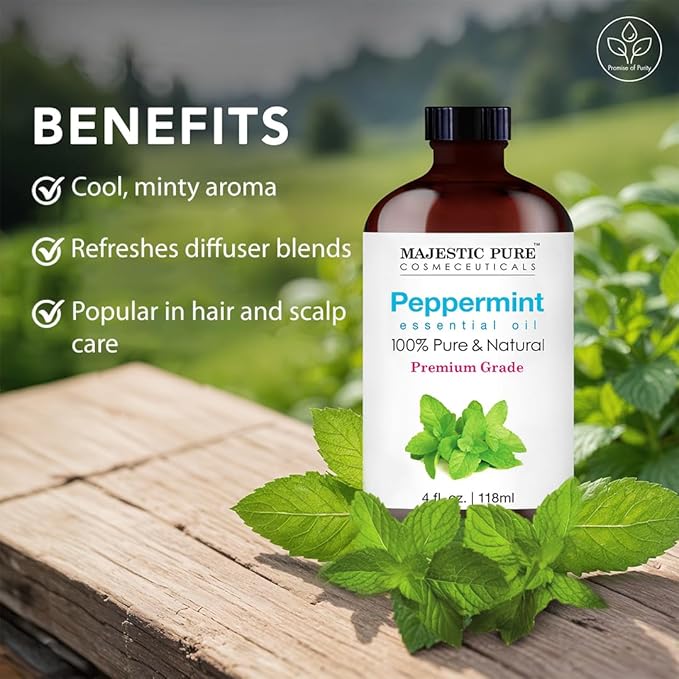 Majestic Pure Peppermint Essential Oil with Glass Dropper - 4 Fl Oz Pack of 2-100% Pure and Natural Peppermint Oil - Premium Grade Essential Oils for Diffuser, Aromatherapy, Soap and Candle Making