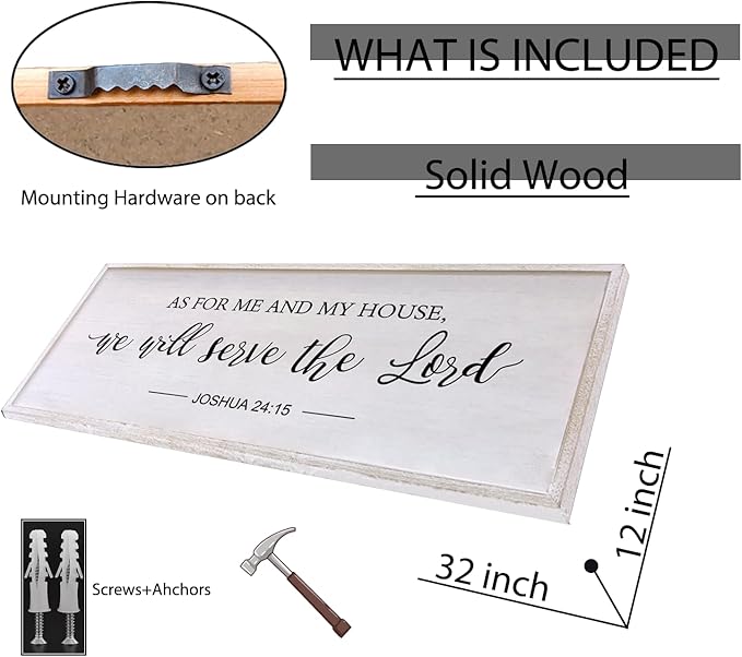 As for Me and My House We Will Serve the Lord Wall Decor - 32" x 12" Large Rustic Family Living Room Wood Framed Home Sign Joshua 24 15 Christian Bible Verse Plaque Hanging Wall Art(White)