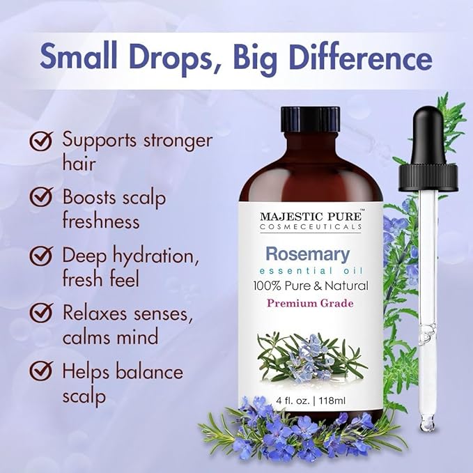 Majestic Pure Rosemary Essential Oil with Glass Dropper - Huge 4 Fl Oz - 100% Pure and Natural Rosemary Oil - Premium Grade Essential Oils for Diffuser, Aromatherapy, Soap and Candle Making
