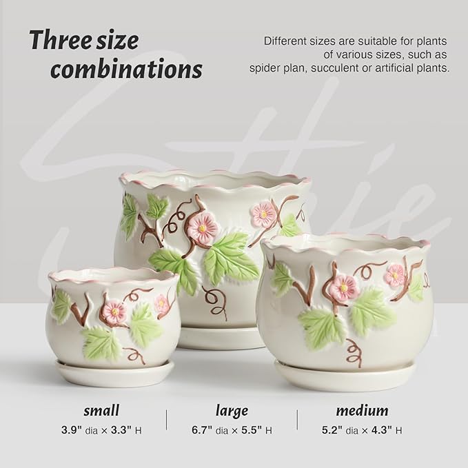 Ceramic Plant Pots with Drainage Holes and Saucers, Round Flower Pots for Indoor Plant, 3.9/5.2/6.7 Inches Small Flower Planters Set of 3