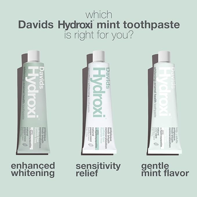 Davids Hydroxi Fluoride Free Nano Hydroxyapatite Toothpaste for Remineralizing Enamel & Sensitive Relief, Whitening, Antiplaque, SLS Free, Natural Peppermint, 4 oz, Made in USA