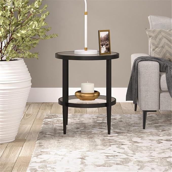 Henn&Hart 20" Wide Round Side Table with Glass Shelf in Blackened Bronze, Table for Living Room, Bedroom