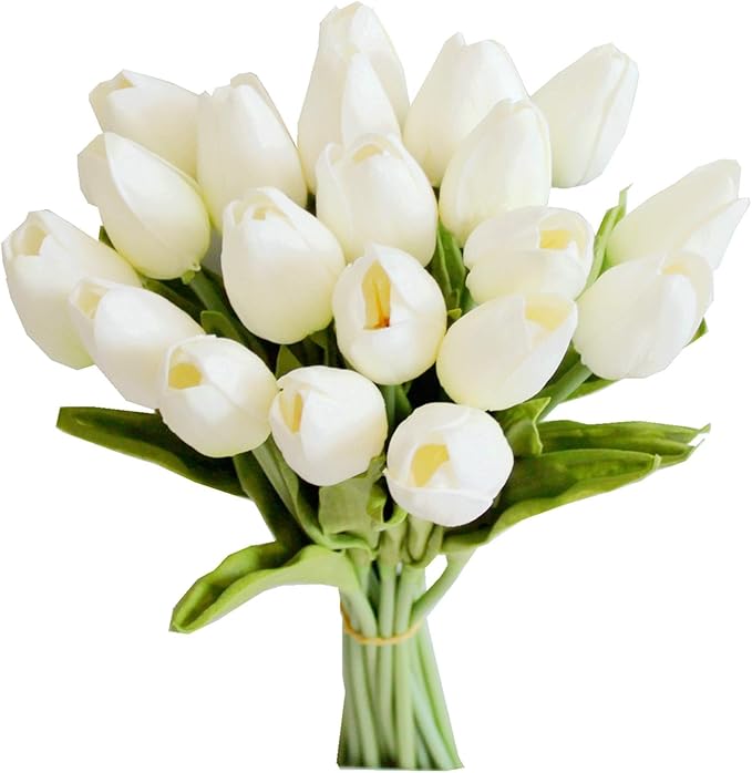 Mandy's Artificial Tulips 20 Stems White PU Faux Flowers for Wedding Home Decor 13.5 Inch