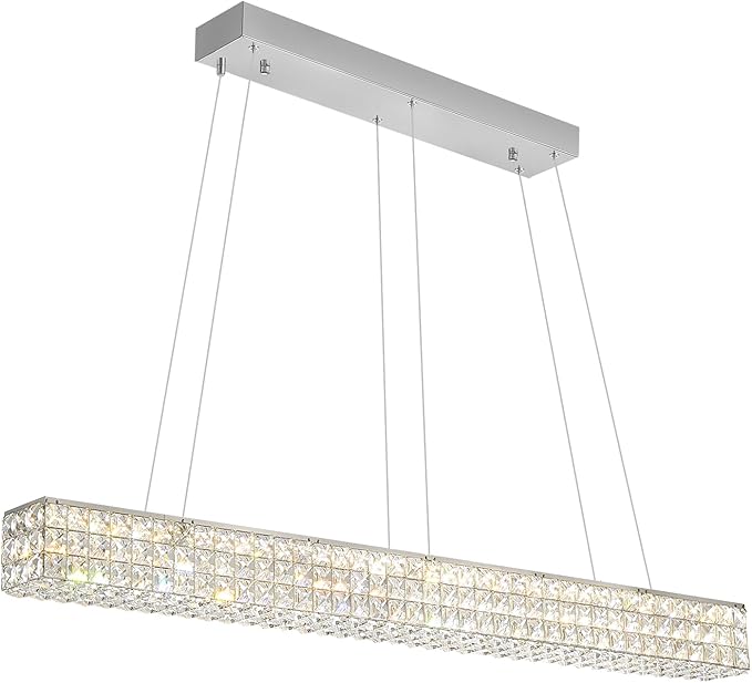 W48 Modern Rectangular Crystal Chandeliers Dining Room Chandelier,Silver Pendant Light Fixture with Remote Control for Living Room Kitchen Island
