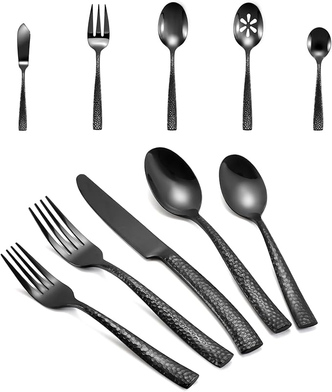 Silverware 45-Piece Black Hammered Flatware Set with Serving Utensils Stainless Steel Thick Handle Mirror Polished Cutlery Set for Wedding Hotel Restaurant, Service for 8