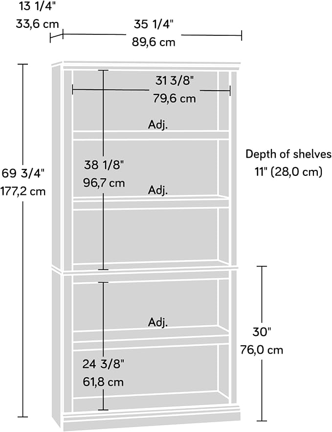 Sauder 5 Tier Book Shelf Wooden Bookcase Multipurpose Bookshelf for Home Office, Living Room, in Chalked Chestnut