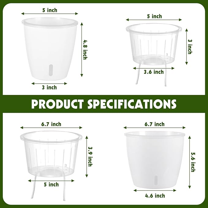 Self Watering Pots for Indoor Plants, 6-Pack 5'' Self Watering Planter with Drainage Holes, Small African Violet Pots with Water Indicator, Clear Wick Orchid Pot, White