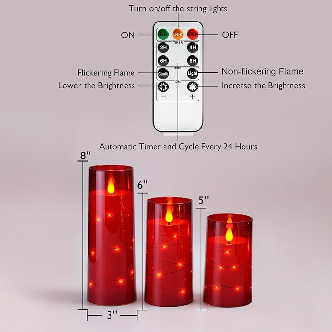Homemory 9 Pcs Flameless Candles with Embedded Star String Fairy Lights, Battery Operated Candles, LED Candle, Fake Candles with Remote Control and Timer (Red)