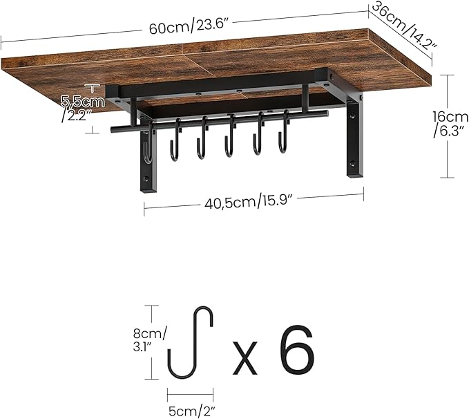 Wall-Mounted Pot Racks, Set of 2 Hanging Pot Rack, Floating Shelves, Wall Shelves, Vintage Pot Hangers for Kitchen, Wall Rack for Kitchen Storage, Rustic Brown and Black TPR26P2BF