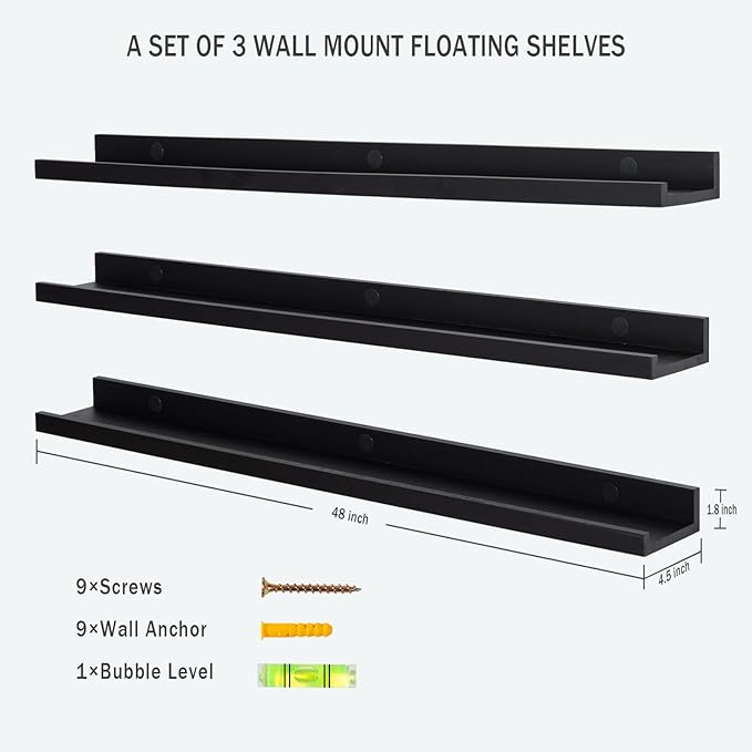 Long Floating Folding Shelves 48 Inch Wood Picture Ledge Shelf with Lip for Wall Black Storage Shelves for Kids Room Photo Shelves Wall Organizer Set of 3 for Bedroom Living Room Bathroom Kitchen