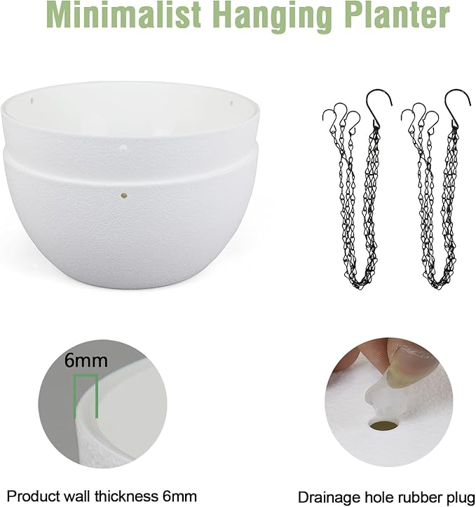 8 inch Small Hanging Planters for Indoor Outdoor Plants, 2 Pack Hanging Flower Pots with Drainage Holes and Chain for Garden Porch Plants, Plastic Hanging Baskets for House Plants, White