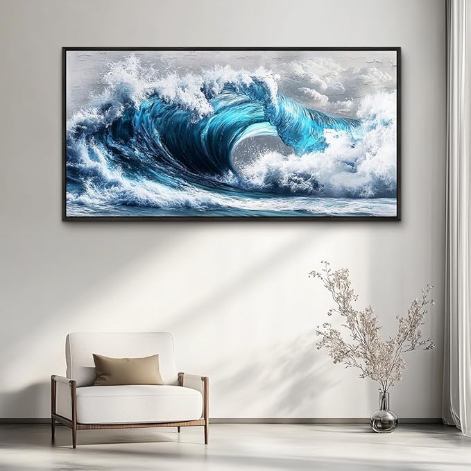 PHAOHUAXM Large Canvas Blue Wave Paintings Wall Art For Living Room Wall Decoration For Bedroom Ocean Wall Pictures Printing Office Decorations Posters Modern Home Decor Black Framed 30x60 In