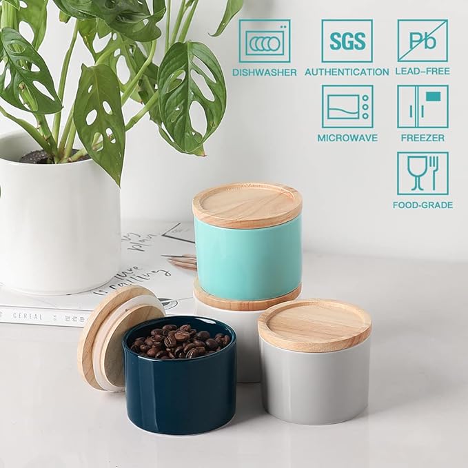 Sweejar Kitchen Canisters Ceramic Food Storage Jar, Stackable Containers with Airtight Seal Wooden Lid for Serving Ground Coffee, Tea, Sugar, Spice and More - 5 Fl Oz(Navy)