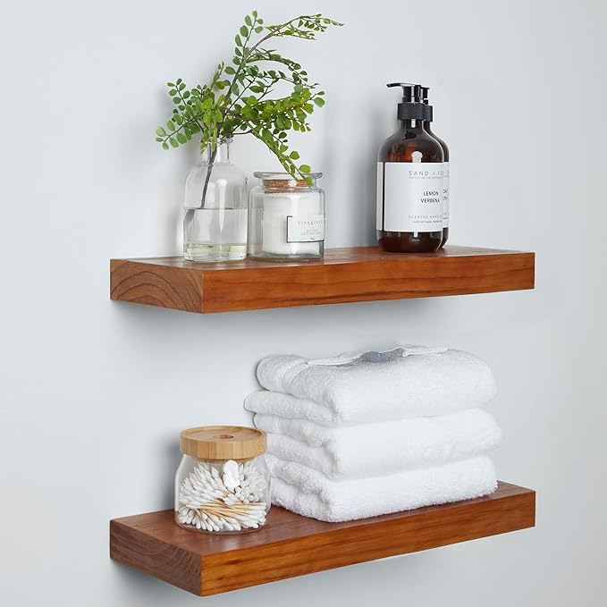 Homeforia 18 inch Floating Shelf Oak, High End Solid Real Wood 18inch Long Floating Shelves for Wall Mounted, Honey Oak Wooden 18in Floating Shelves, Heavy Duty Bracket, 18 X 6.5 X 1.75 inch, Set of 4