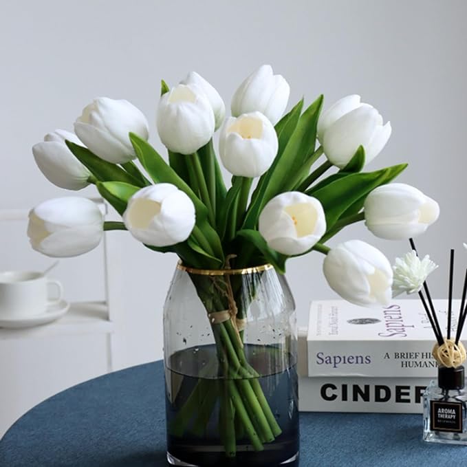 Buart White&Green Tulip Flowers Artificial Luxury Big Tulip Valentine's Day Mother's Day Easter Home Kitchen Wedding Decorations(11pcs)