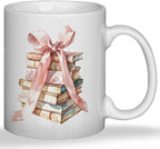 JINYO Coquette Pink Bow Books Mug, Book Coffee Cup, Reading Mugs for Book Lovers, Gifts for Readers Books Lovers Women, Bookish Bookworm Gifts for Women, Ceramic Coffee Tea Mug 11 oz