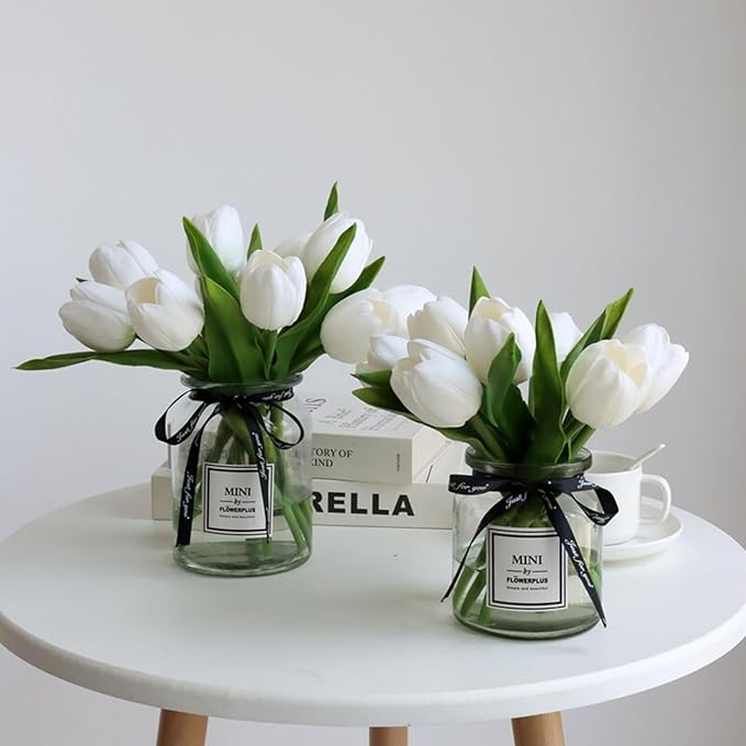 Buart White&Green Tulip Flowers Artificial Luxury Big Tulip Valentine's Day Mother's Day Easter Home Kitchen Wedding Decorations(11pcs)