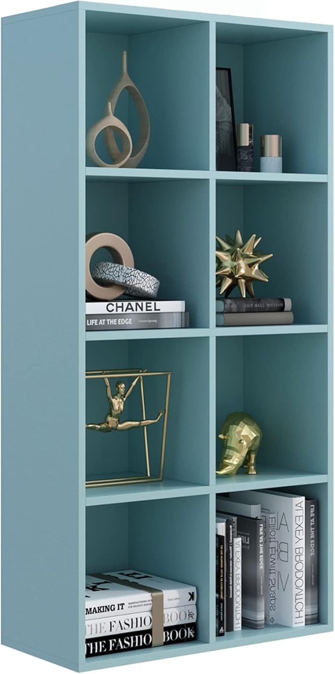 8-Cube Storage Shelf Bookcase - Wooden 4-Tier Floor Standing Open Bookshelf, Modern TV Stand up to 55 Inchs for Home and Office, Light Blue